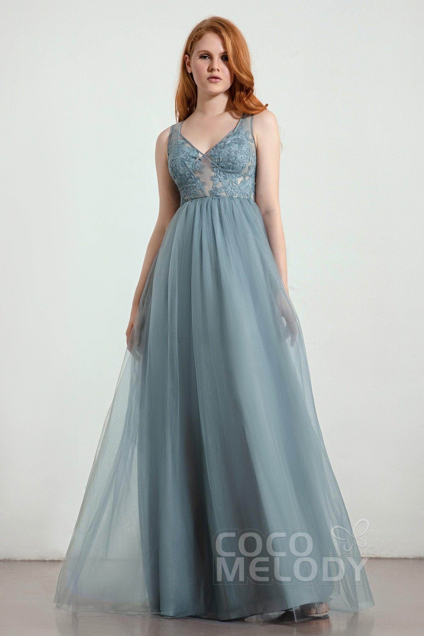 A-Line Floor Length Tulle Lace Bridesmaid Dress CB0438 - COCOMELODY